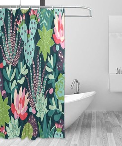 Cartoon Cactus Print Waterproof Fabric Shower Curtain for Bathroom Decor