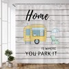 Cartoon Camper Trailer Shower Curtain with Rustic Farmhouse Wooden Board Design for Camping Bathroom Decor