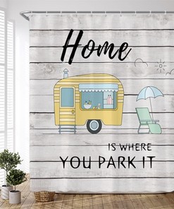 Cartoon Camper Trailer Shower Curtain with Rustic Farmhouse Wooden Board Design for Camping Bathroom Decor