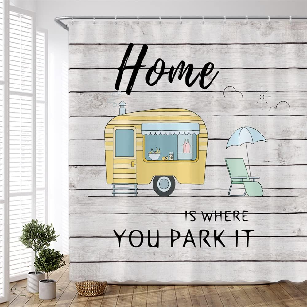 Cartoon Camper Trailer Shower Curtain with Rustic Farmhouse Wooden Board Design for Camping Bathroom Decor