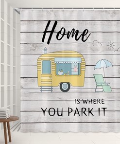 Cartoon Camper Trailer Shower Curtain with Rustic Farmhouse Wooden Board Design for Camping Bathroom Decor