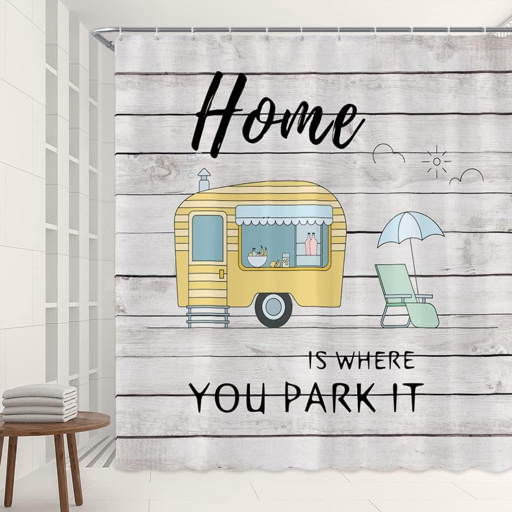 Cartoon Camper Trailer Shower Curtain with Rustic Farmhouse Wooden Board Design for Camping Bathroom Decor