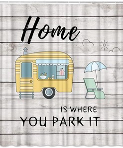 Cartoon Camper Trailer Shower Curtain with Rustic Farmhouse Wooden Board Design for Camping Bathroom Decor