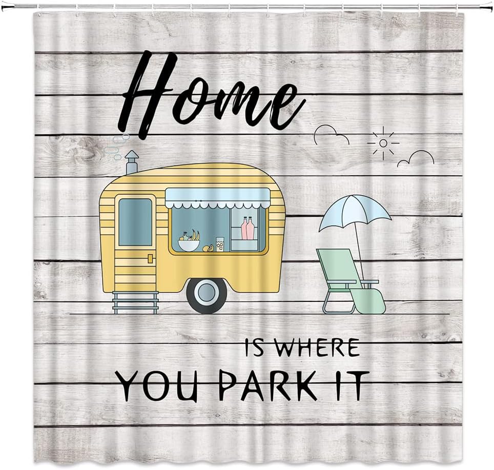 Cartoon Camper Trailer Shower Curtain with Rustic Farmhouse Wooden Board Design for Camping Bathroom Decor