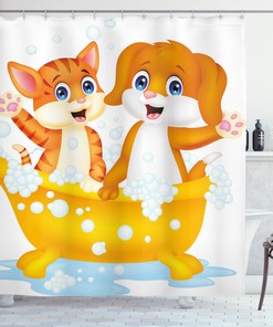 Cartoon Cat and Dog Bath Printed Shower Curtain for Kid's Bathroom Decor- Waterproof and Funny 