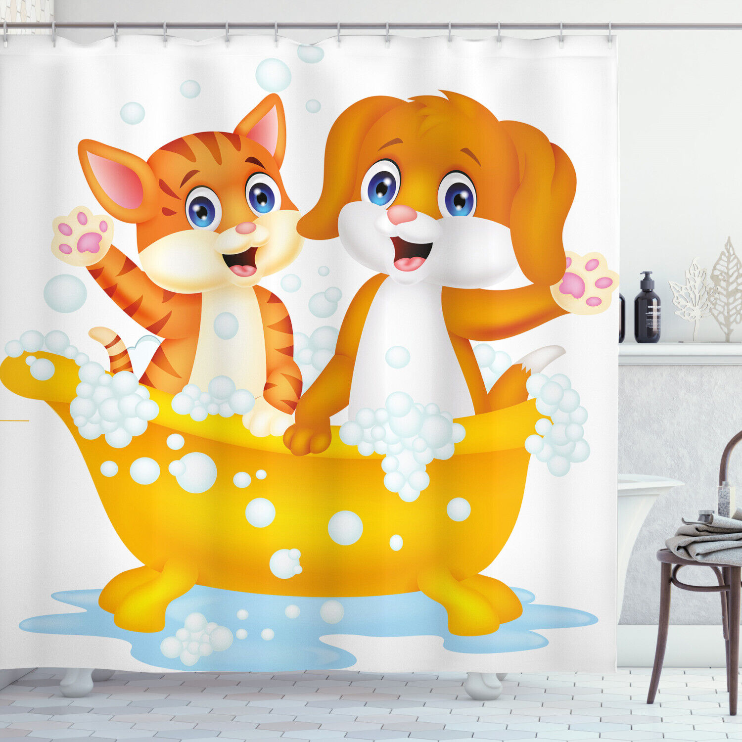 Cartoon Cat and Dog Bath Printed Shower Curtain for Kid's Bathroom Decor- Waterproof and Funny