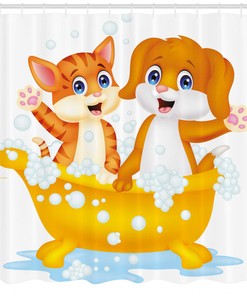 Cartoon Cat and Dog Bath Printed Shower Curtain for Kid's Bathroom Decor- Waterproof and Funny