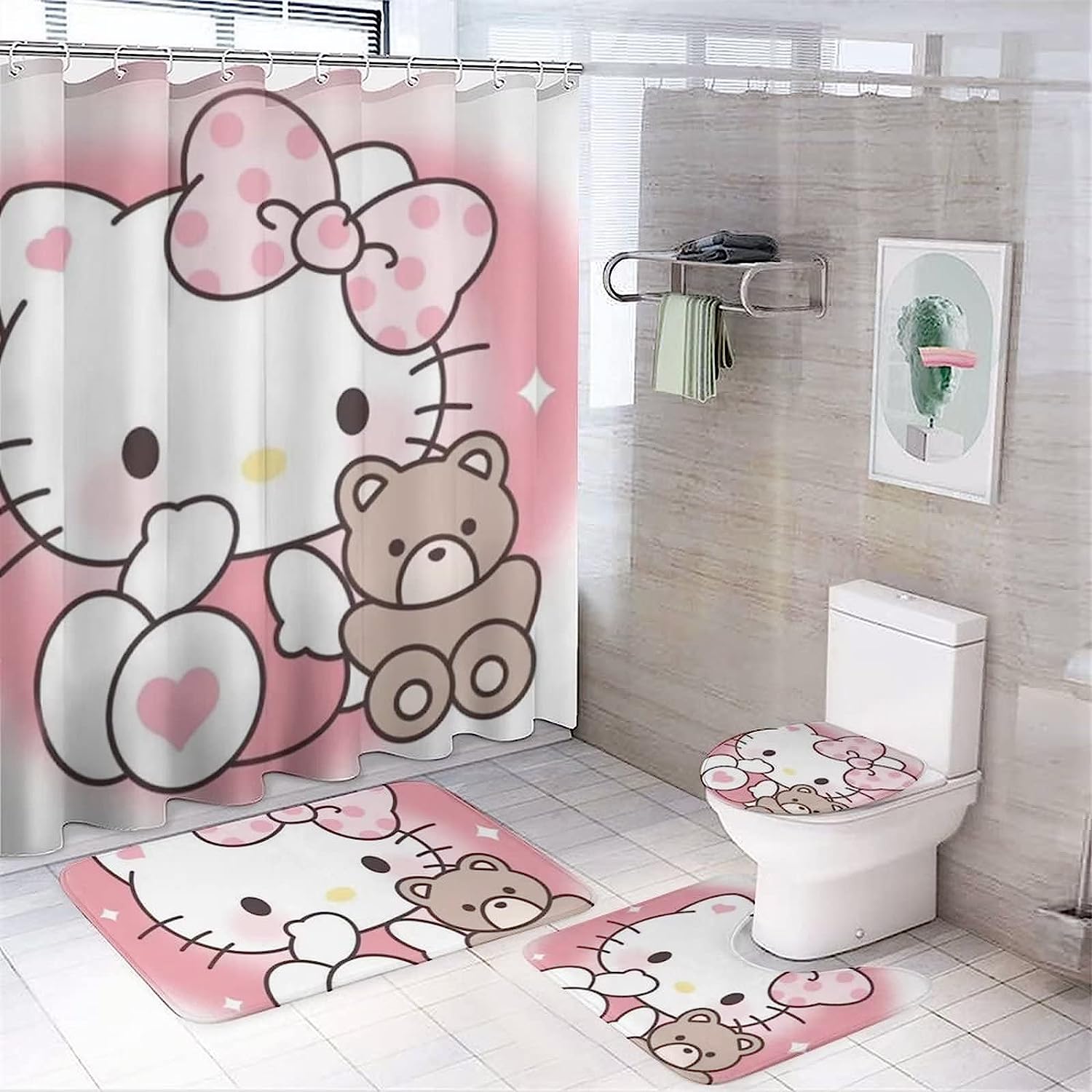 Cartoon Cats Hello Pink Kitty Shower Curtain And Bathroom Decorations To Add Cuteness To Your Bathroom