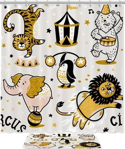 Cartoon Circus Lion Tiger Penguin Shower Curtain, Funny Bathhroom Waterproof Fabric Curtain 