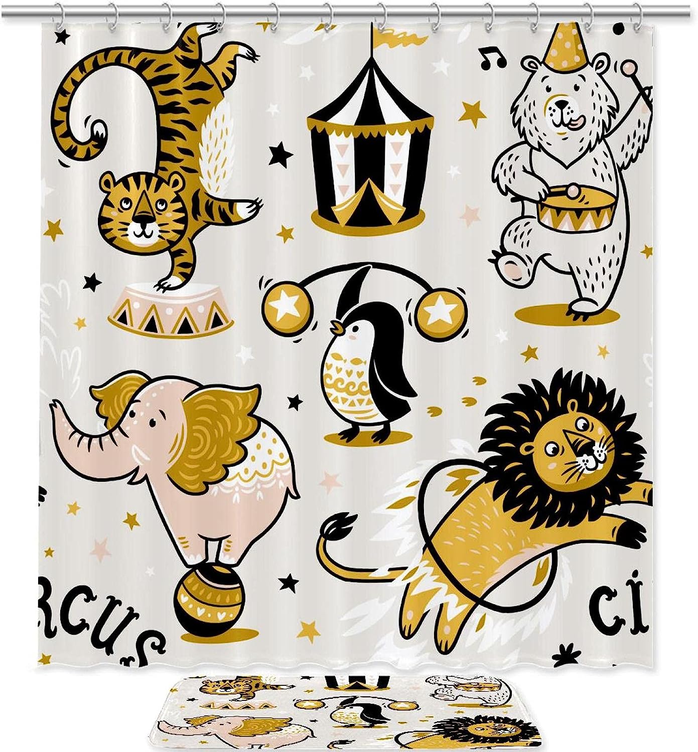 Cartoon Circus Lion Tiger Penguin Shower Curtain, Funny Bathhroom Waterproof Fabric Curtain