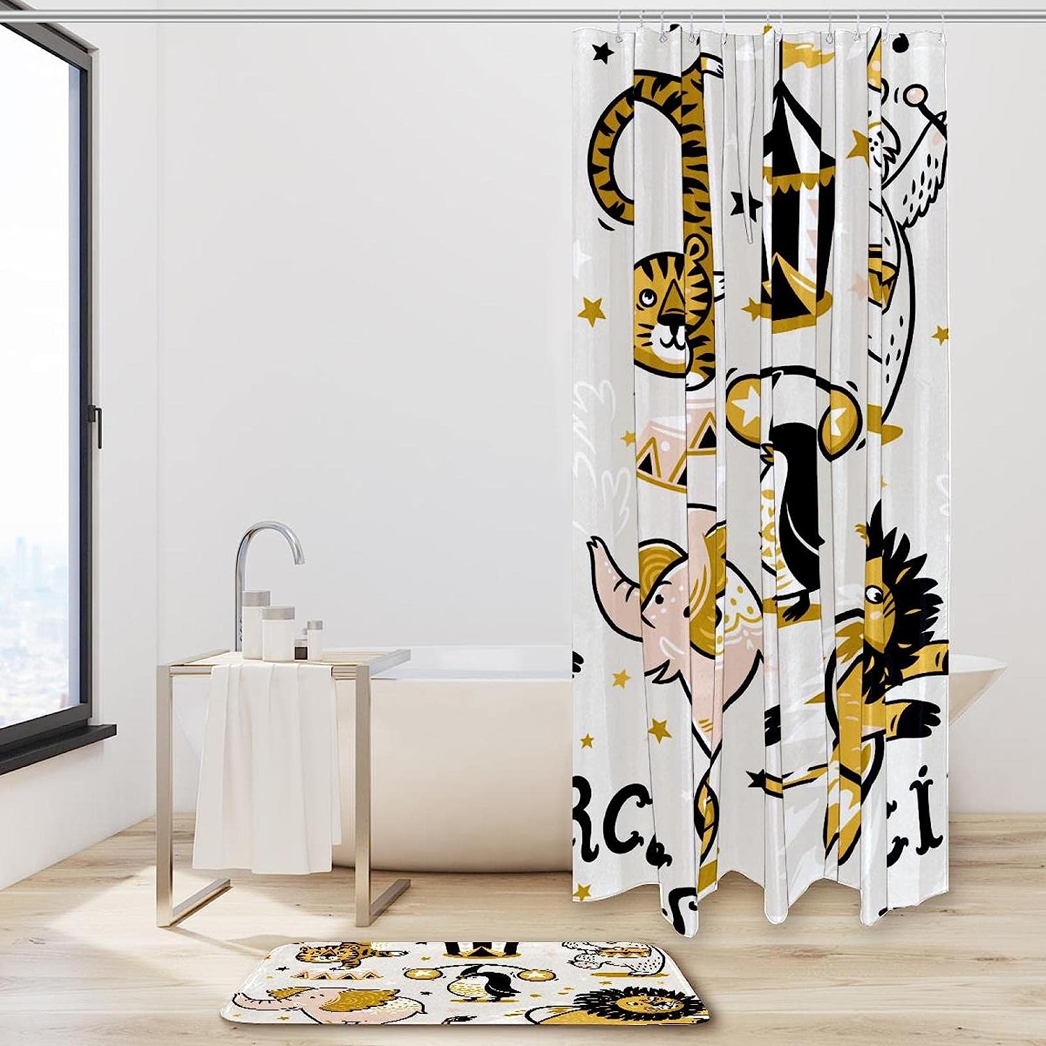 Cartoon Circus Lion Tiger Penguin Shower Curtain, Funny Bathhroom Waterproof Fabric Curtain
