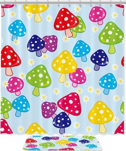 Cartoon Colorful Mushroom Daisy Shower Curtain - Nature-Inspired Bathroom Decor