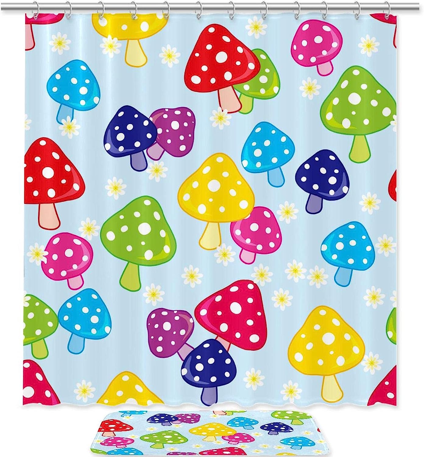 Cartoon Colorful Mushroom Daisy Shower Curtain - Nature-Inspired Bathroom Decor