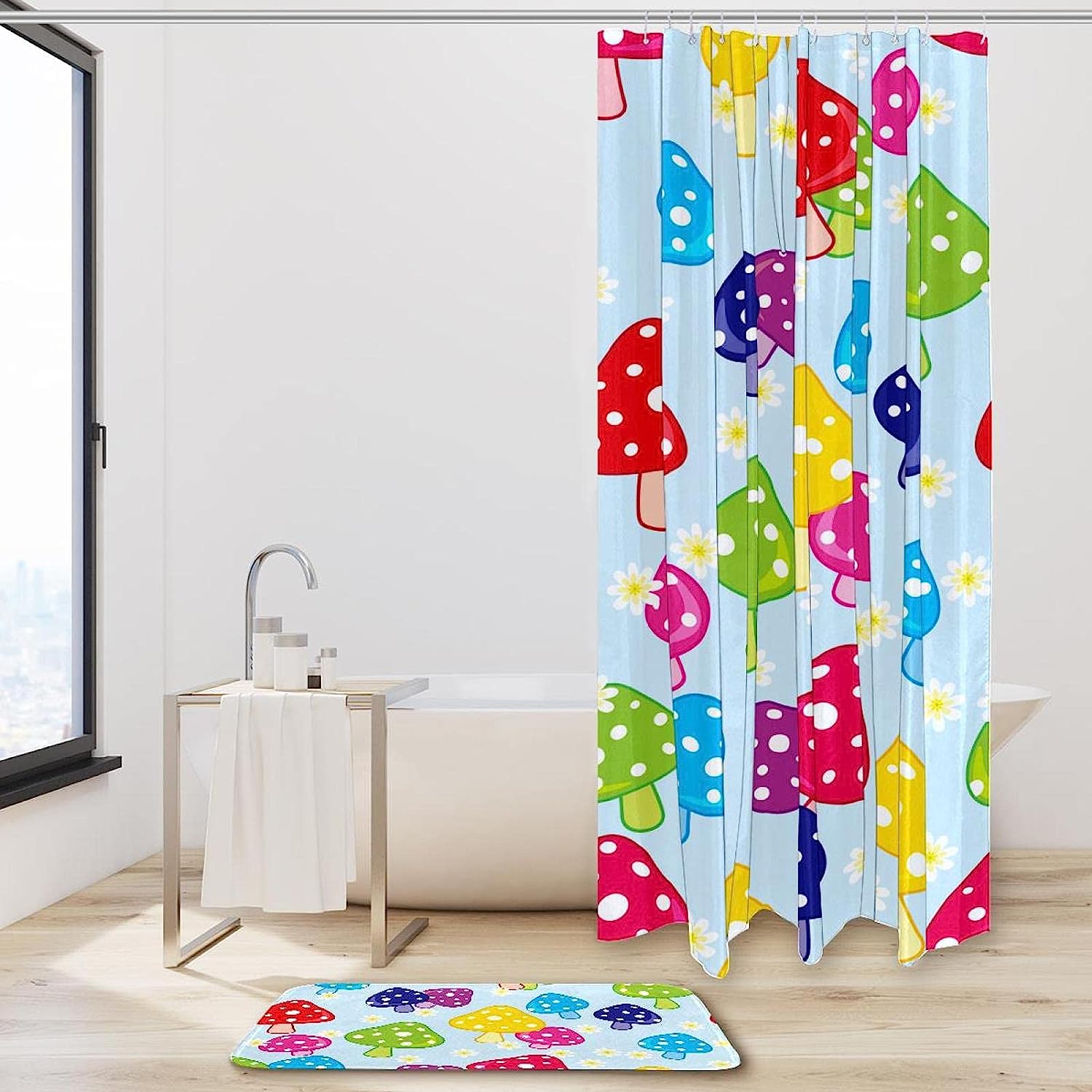 Cartoon Colorful Mushroom Daisy Shower Curtain - Nature-Inspired Bathroom Decor - Image 2