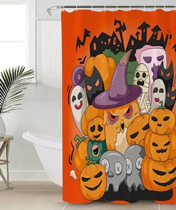 Cartoon Cute Halloween Pumpkin Owl Ghost Skeleton Shower Curtain with Fun and Spooky Design for Bathroom Decor