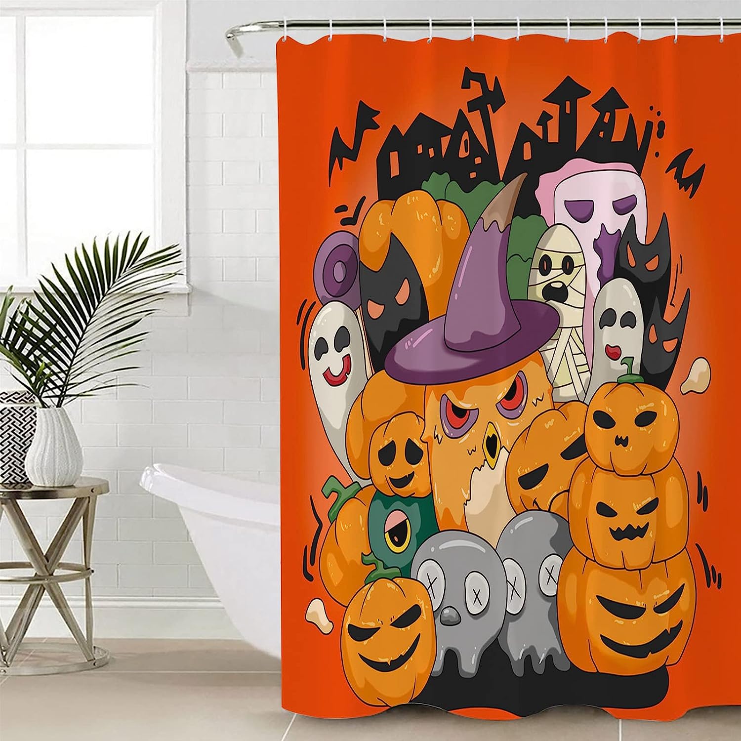 Cartoon Cute Halloween Pumpkin Owl Ghost Skeleton Shower Curtain with Fun and Spooky Design for Bathroom Decor