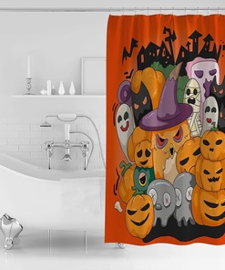 Cartoon Cute Halloween Pumpkin Owl Ghost Skeleton Shower Curtain with Fun and Spooky Design for Bathroom Decor