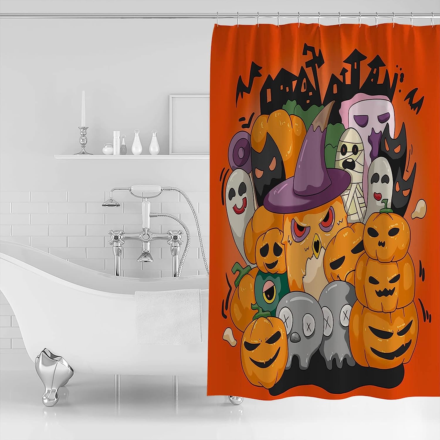 Cartoon Cute Halloween Pumpkin Owl Ghost Skeleton Shower Curtain with Fun and Spooky Design for Bathroom Decor
