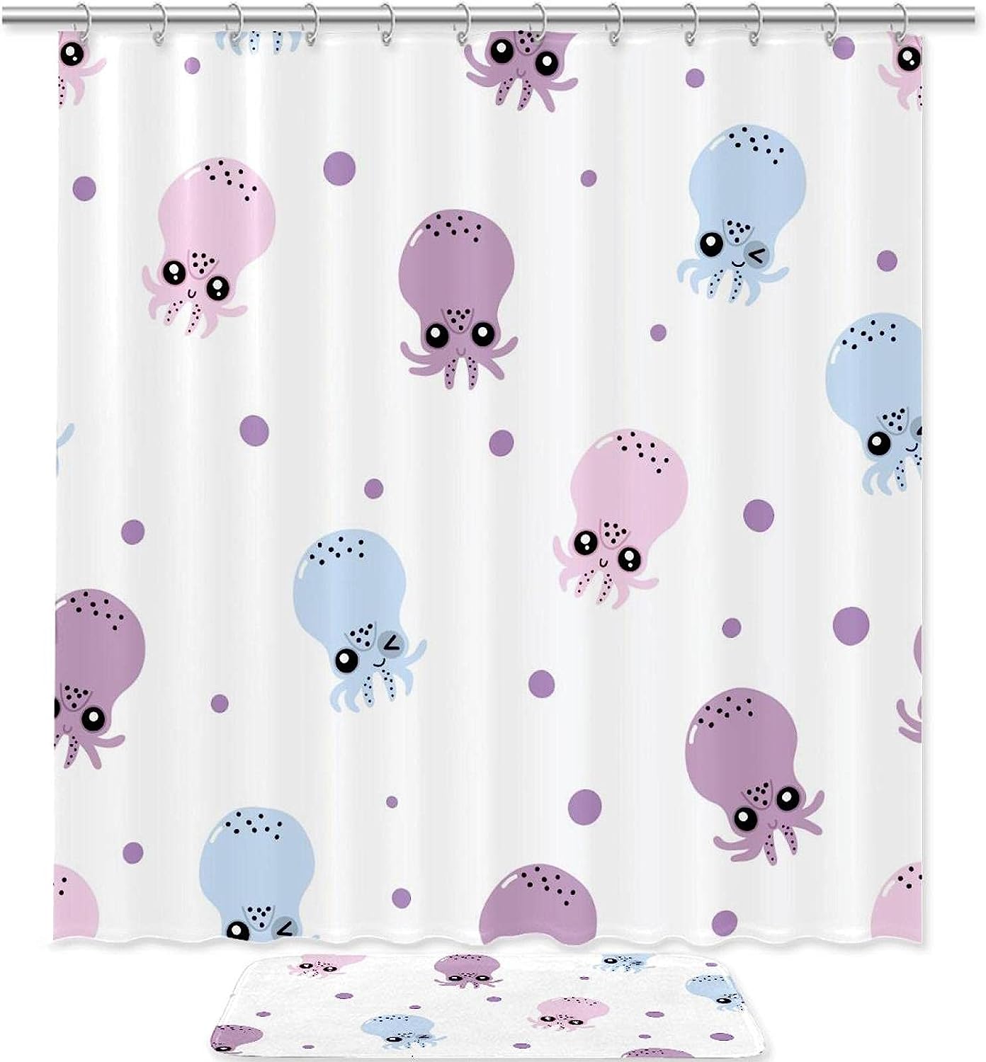 Cartoon Cute Octopus Print Shower Curtain Set with Bathroom Accessories - Modern Waterproof Fabric Bath Curtain