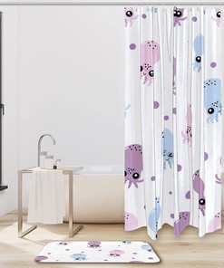 Cartoon Cute Octopus Print Shower Curtain Set with Bathroom Accessories - Modern Waterproof Fabric Bath Curtain