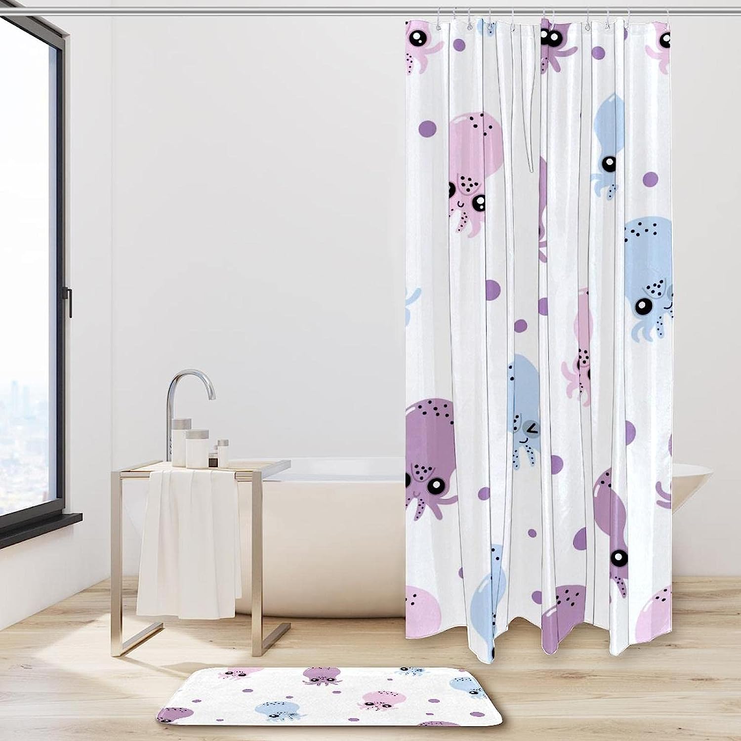 Cartoon Cute Octopus Print Shower Curtain Set with Bathroom Accessories - Modern Waterproof Fabric Bath Curtain