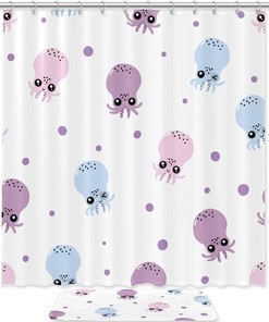 Cartoon Deer And Plant Bathroom Set With Waterproof Fabric Shower Curtain