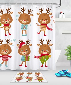 Cartoon Deer Christmas Tree Snowflakes Shower Curtain - Festive Bathroom Accessory For The Holidays