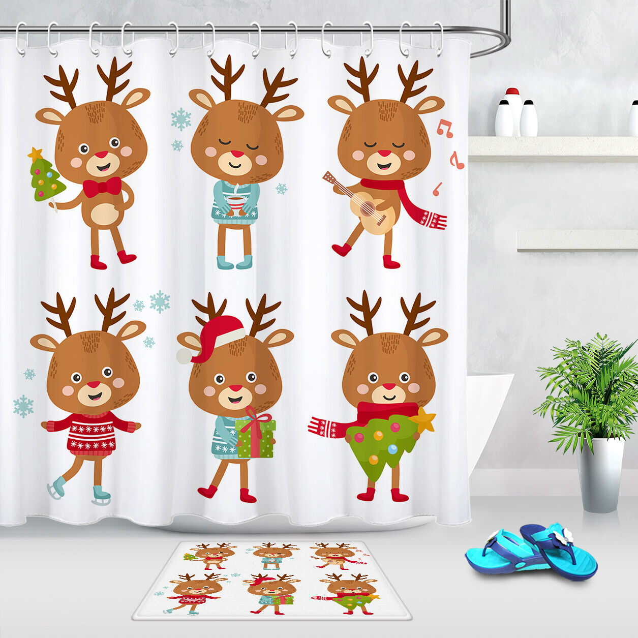 Cartoon Deer Christmas Tree Snowflakes Shower Curtain - Festive Bathroom Accessory For The Holidays