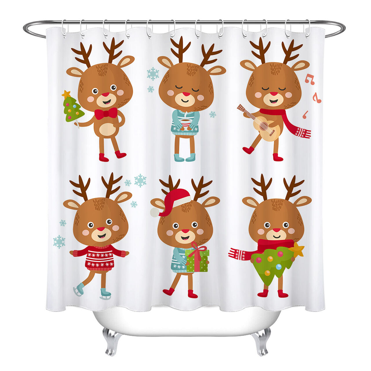 Cartoon Deer Christmas Tree Snowflakes Shower Curtain - Festive Bathroom Accessory For The Holidays - Image 2