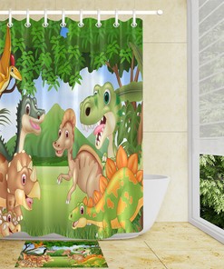 Cartoon Dinosaur Print Shower Curtain - Fabric for Bathroom Hooks