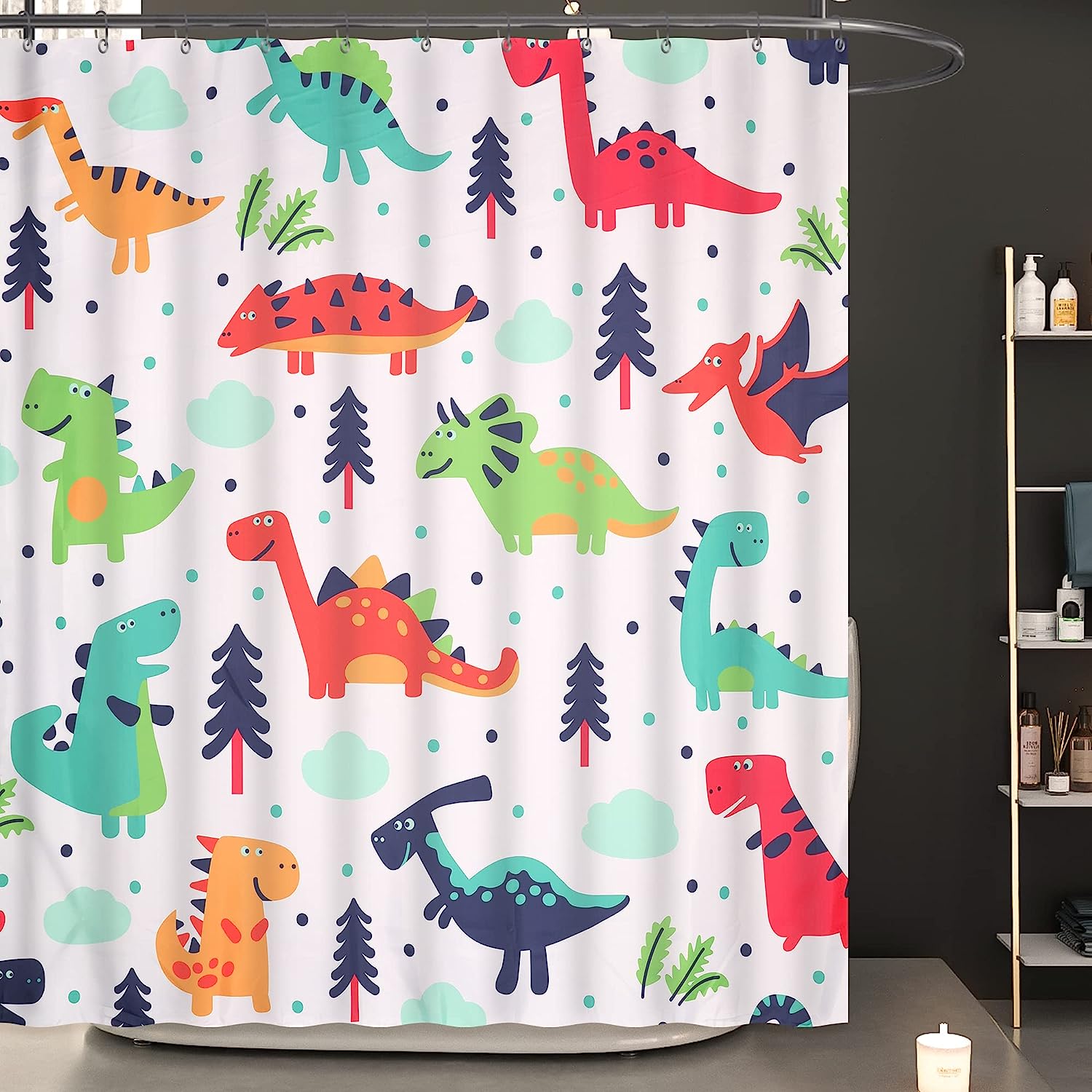 Cartoon Dinosaur Shower Curtain Multi Color Cute Animals Bath Curtain for Kids Bathroom Decor