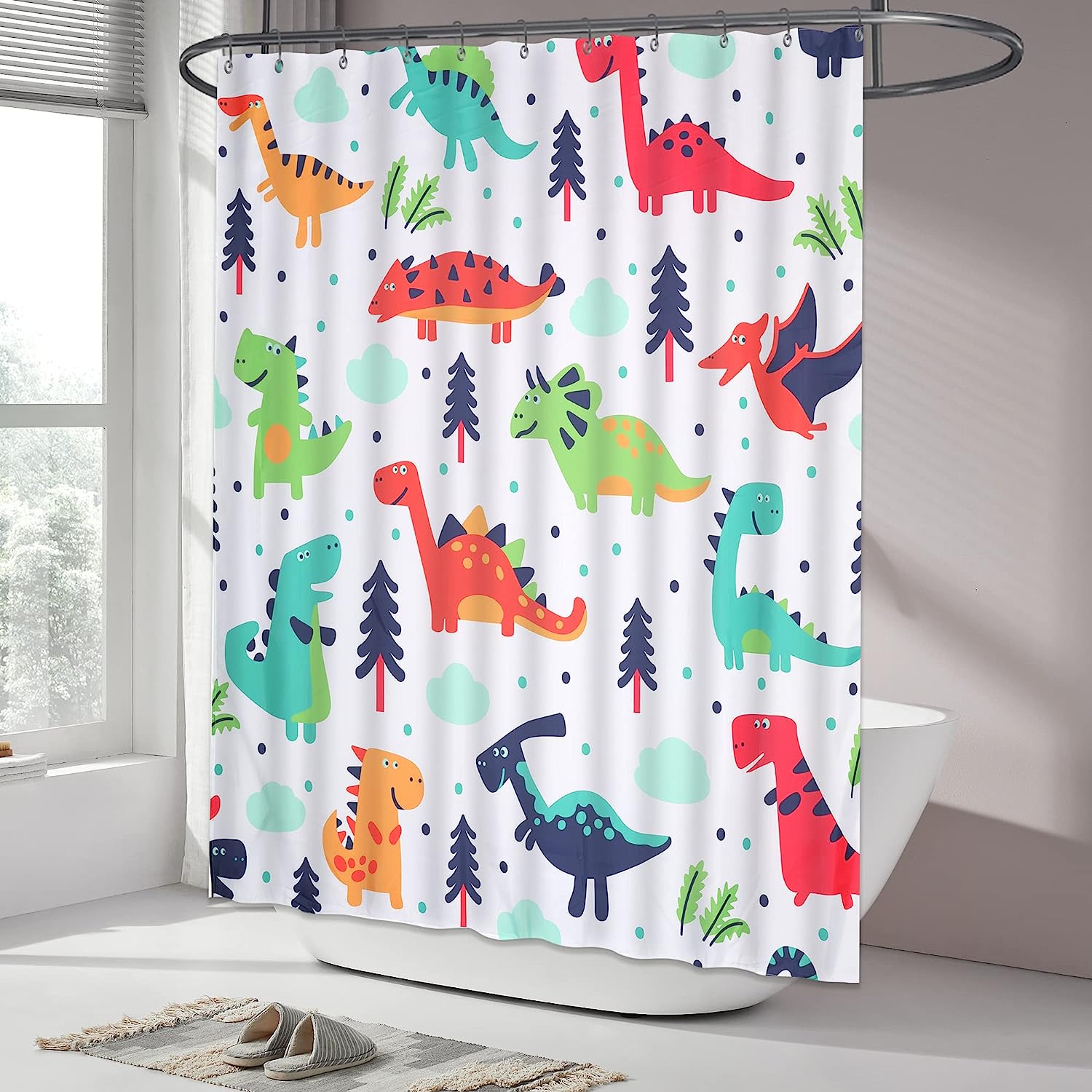 Cartoon Dinosaur Shower Curtain Multi Color Cute Animals Bath Curtain for Kids Bathroom Decor