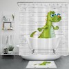 Cartoon Dinosaur Shower Curtain On Rustic Farm Planks For A Kid'S Bathroom