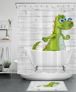 Cartoon Dinosaur Shower Curtain On Rustic Farm Planks For A Kid'S Bathroom