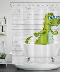 Cartoon Dinosaur Shower Curtain On Rustic Farm Planks For A Kid'S Bathroom