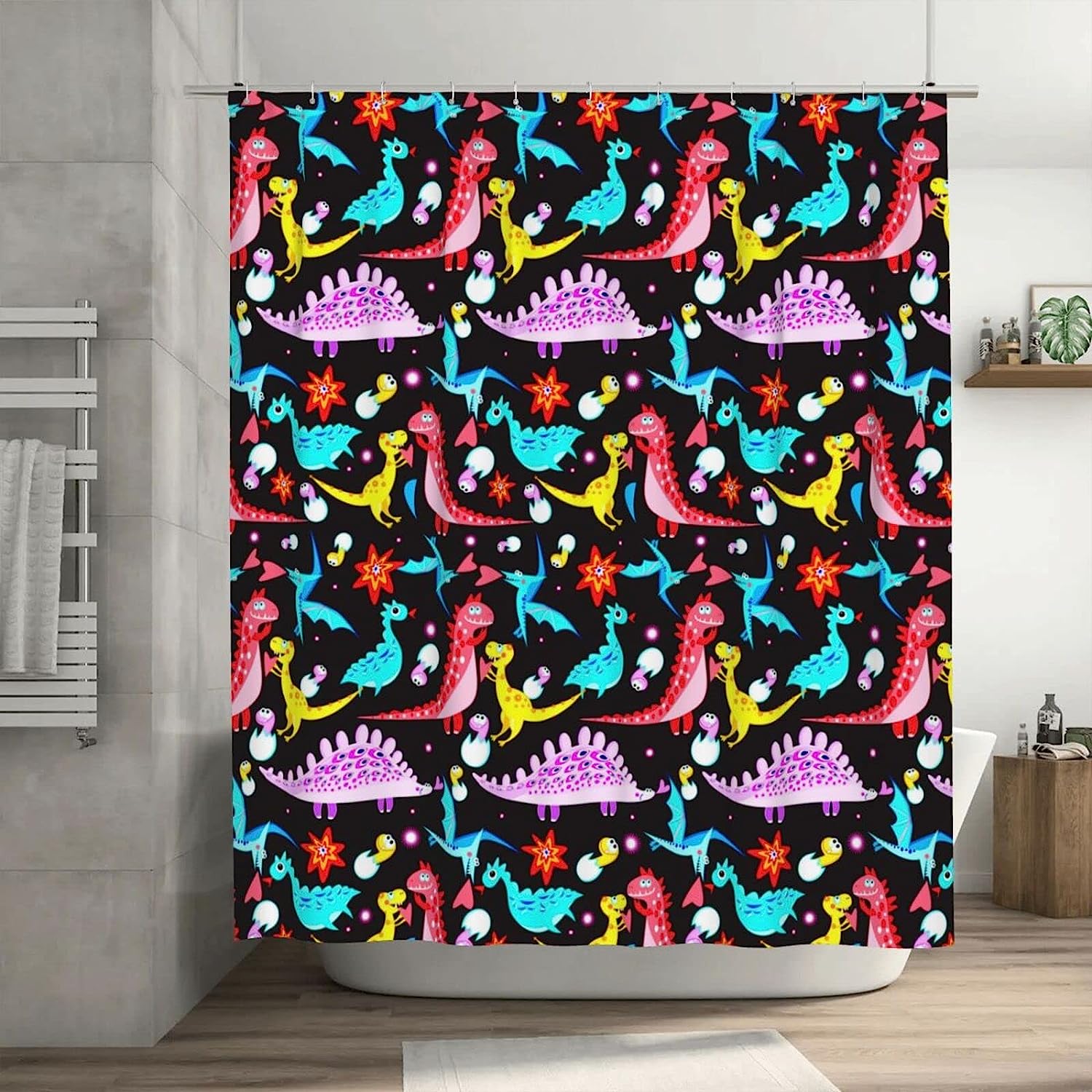 Cartoon Dinosaur Shower Curtain with Large Size and Waterproof Cloth for Fun Bathroom Decor