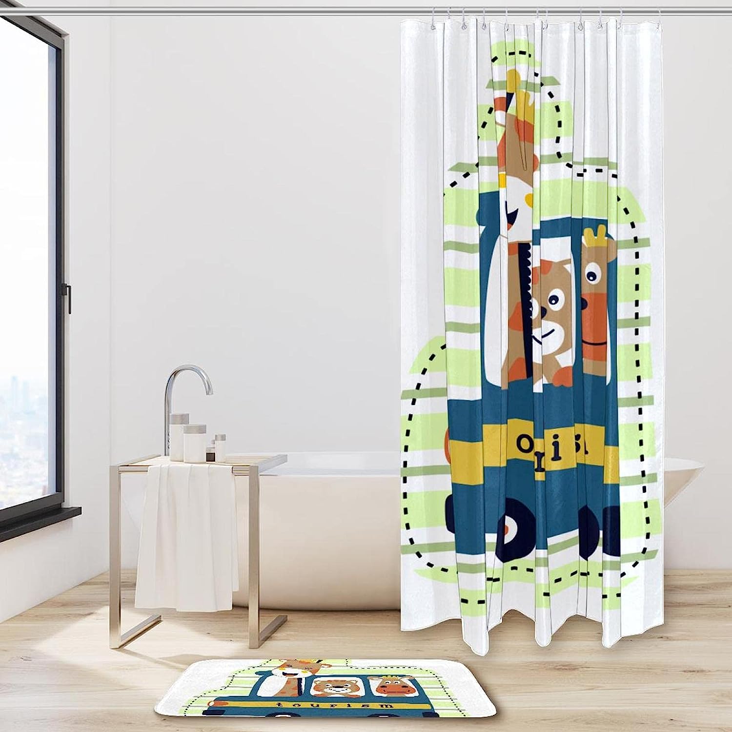 Cartoon Dinosaur Travel Shower Curtain - A Fun And Playful Bathroom Idea