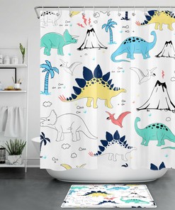 Cartoon Dinosaur Volcanic Palm Tree Kids Bathroom Set With Matching Shower Curtain