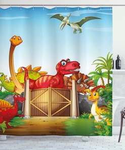Cartoon Dinosaurs in Park Printed Shower Curtain for Kid's Bathroom Decor- Waterproof and Novelty 