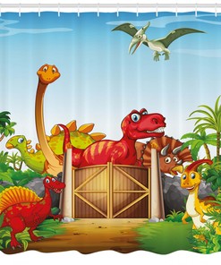 Cartoon Dinosaurs in Park Printed Shower Curtain for Kid's Bathroom Decor- Waterproof and Novelty