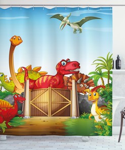 Cartoon Dinosaurs in Park Printed Shower Curtain for Kid's Bathroom Decor- Waterproof and Novelty
