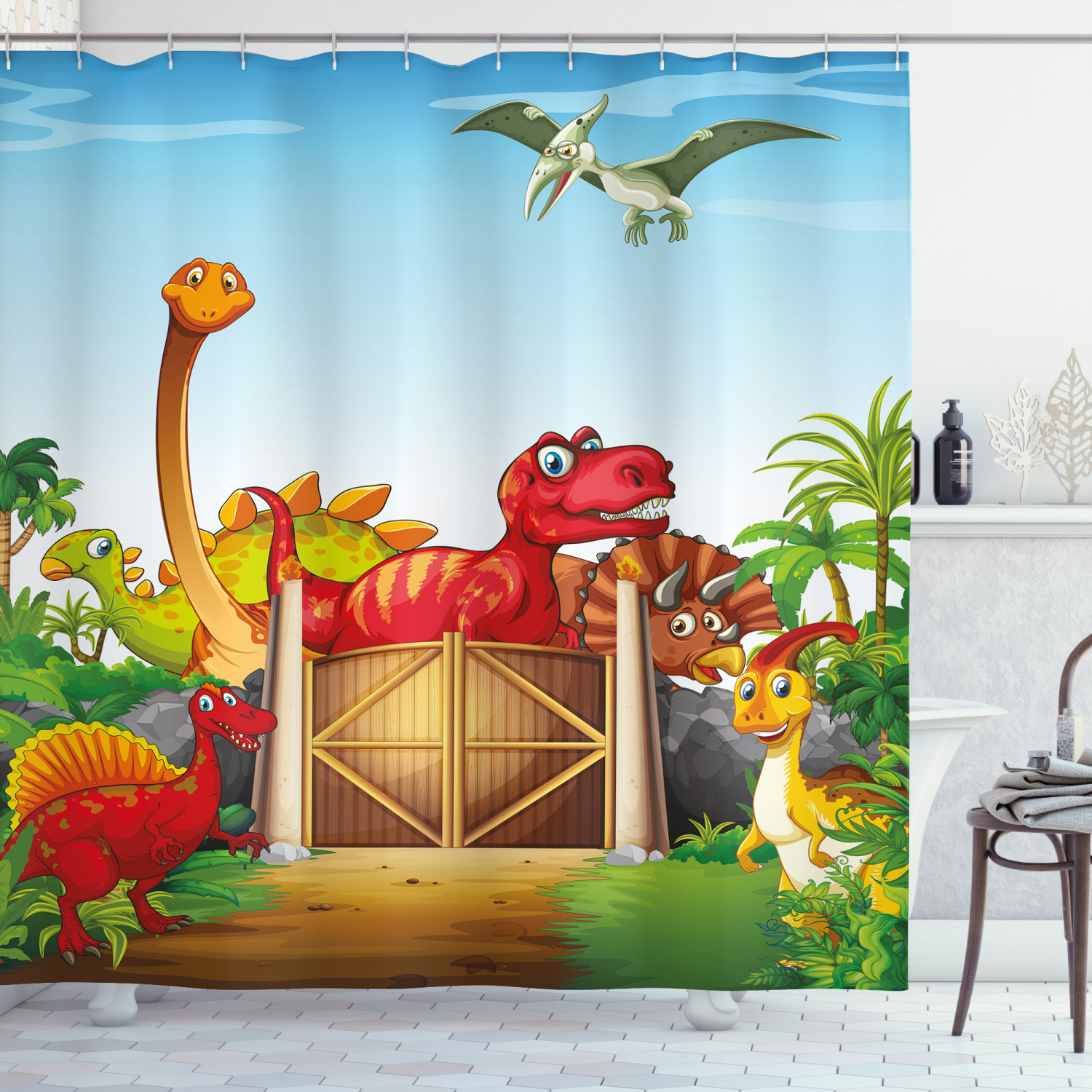 Cartoon Dinosaurs in Park Printed Shower Curtain for Kid's Bathroom Decor- Waterproof and Novelty