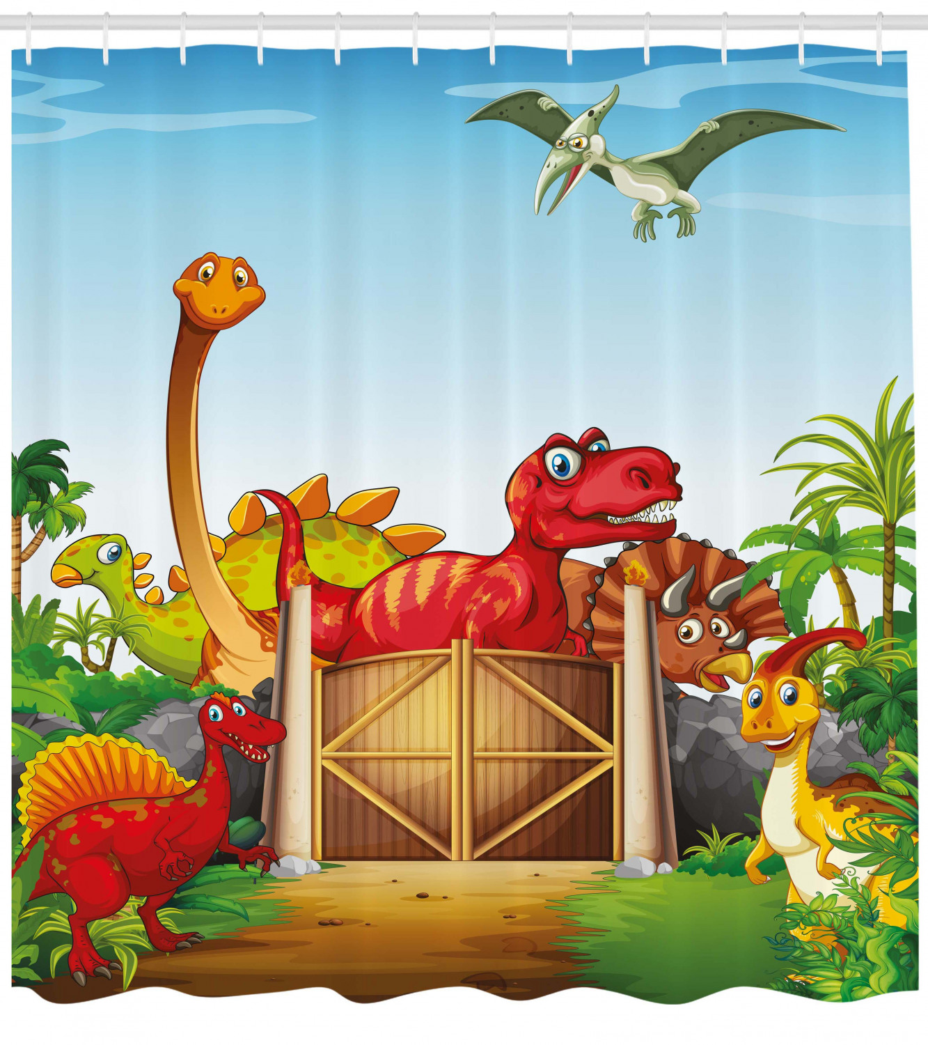 Cartoon Dinosaurs in Park Printed Shower Curtain for Kid's Bathroom Decor- Waterproof and Novelty