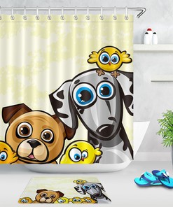 Cartoon Dog And Birds Shower Curtain - Playful And Fun Bathroom Accessory For Dog Lovers