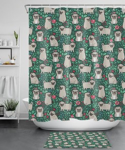 Cartoon Dogs Tropical Leaf Flowers Shower Curtain - Lively Bathroom Accessory With Vibrant Colors
