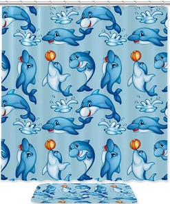 Cartoon Dolphin Playing With Ball Blue Water Shower Curtain Mat