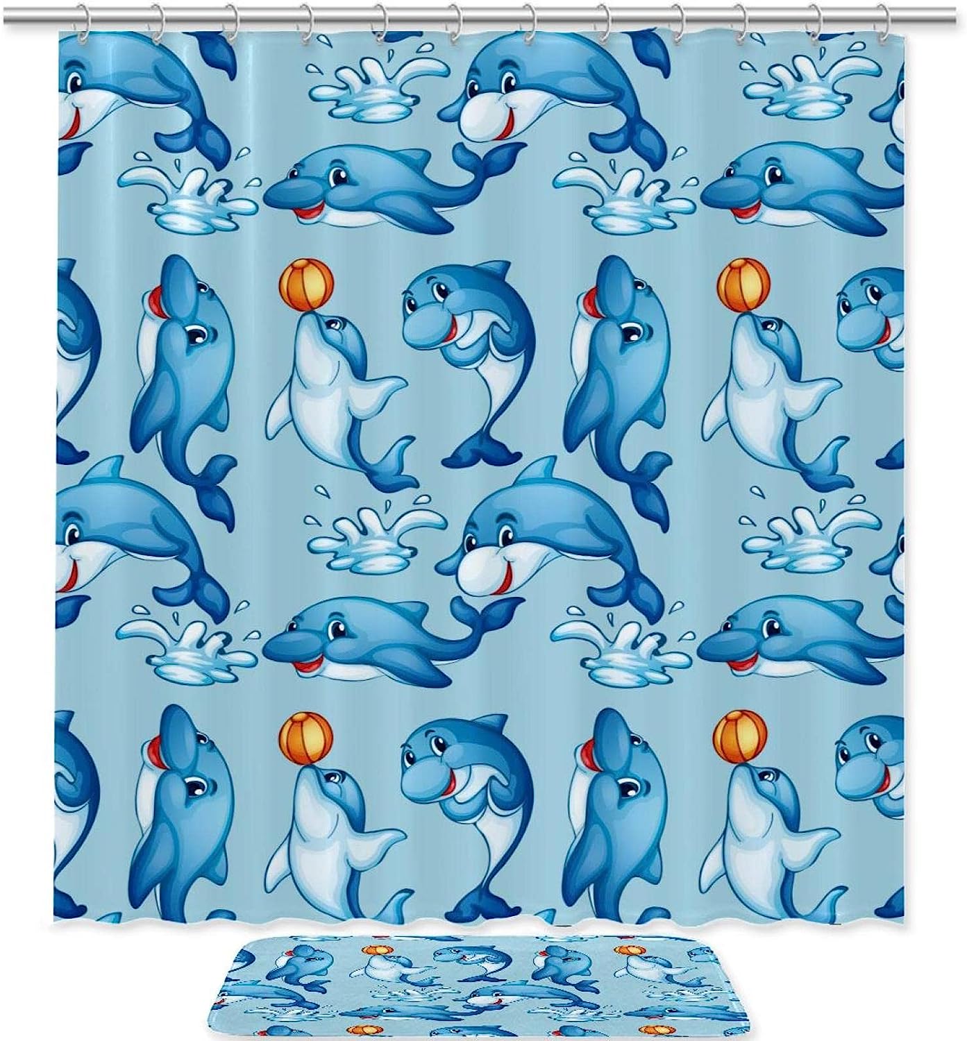 Cartoon Dolphin Playing With Ball Blue Water Shower Curtain Mat