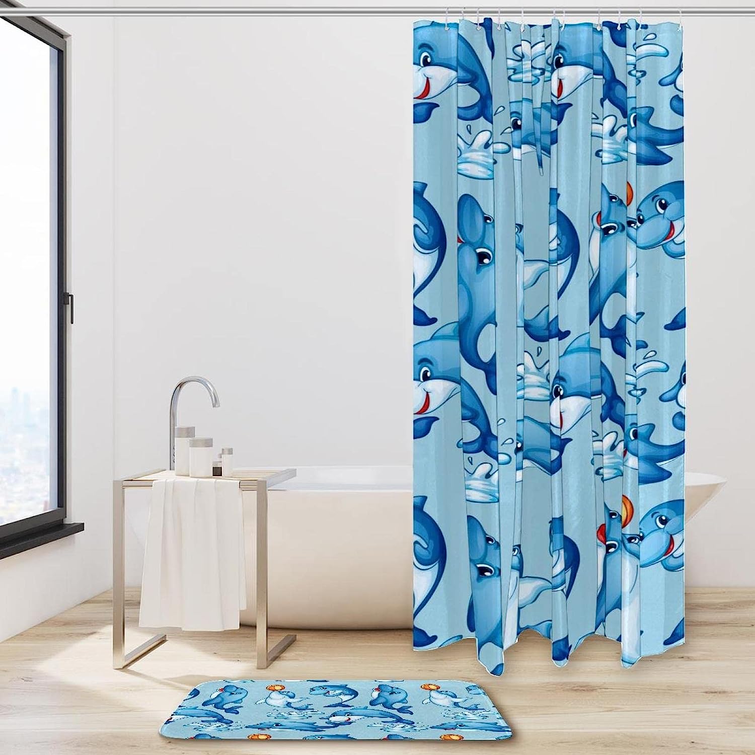 Cartoon Dolphin Playing With Ball Blue Water Shower Curtain Mat - Image 2