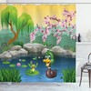 Cartoon Duck And Frog In A Lake Print Bathroom Shower Curtain