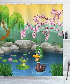 Cartoon Duck And Frog In A Lake Print Bathroom Shower Curtain